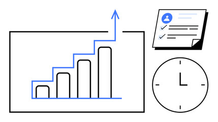 Bar chart with upward arrow, task checklist, and clock highlight growth, planning, and productivity. Ideal for business progress, goals tracking, time optimization, workflow project planning