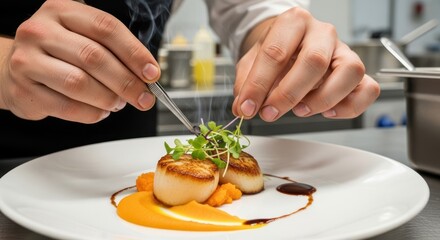 A chef's hands preparing a dish with scallops, garnished with microgreens and served on a white plate with a side of roasted squash and a drizzle of brown sauce.