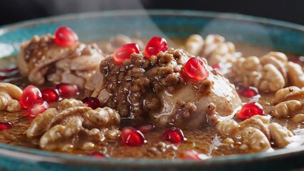 Exquisite hot chicken meal slowcooked in a savory rich sauce generously garnished with bright red pomegranate seeds and earthy walnuts creating a visually appealing and flavorful gastronomic delight .
