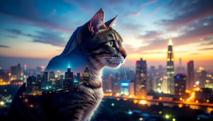 Obraz premium Majestic Cat with Green Eyes Overlooking City Skyline at Sunset