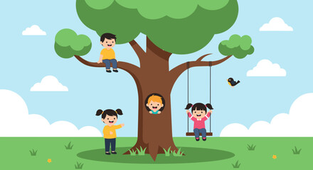Fototapeta premium Happy group of children plays on and around a large green tree in a park with one child on a swing and others in branches.