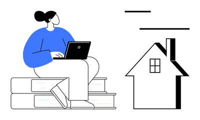 Remote work, online learning, education, freelancing, home office, work-life balance. Person sitting on stacked books with a laptop and a house outline. Remote work and online learning theme