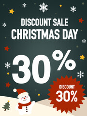 Christmas day discount sale banner with 30 percent offer and cute snowman illustration. Ideal for Christmas sale promotion, seasonal marketing, retail advertising, online shop banner, and social media