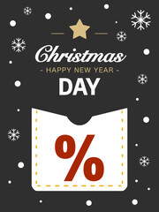 Christmas and Happy New Year discount banner design with percentage symbol on coupon shape.Suitable for holiday sale promotion, seasonal marketing, retail discount, online shop banner, social media po