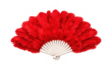 Red feather fan opening wide, symbolizing burlesque, elegance, seduction, performance, and theatrical events
