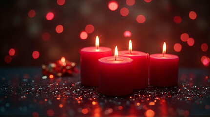 Tall crimson candles glowing with an ethereal light, placed on a rustic wooden table dusted with snow, with shimmering ornaments and silver snowflakes scattered around, creating a magical winter ritua