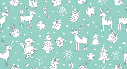 Festive holiday pattern featuring reindeer santa gifts and winter elements