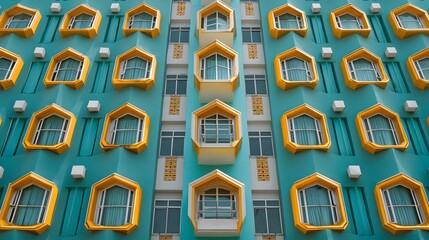 Colorful Building Facade with Unique Window Design in Urban Setting.