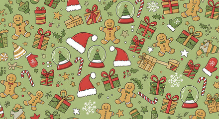 Festive christmas pattern with gifts gingerbread men and holiday decorations