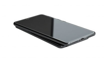 A sleek smartphone lying flat with a reflective screen on a black surface showing port and speaker holes on transparent background