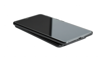 A sleek smartphone lying flat with a reflective screen on a black surface showing port and speaker holes on transparent background