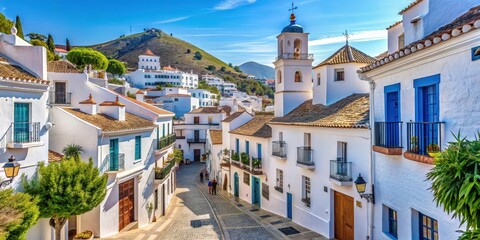 Sunny streets in Mijas Pueblo with white-washed houses and blue-domed churches