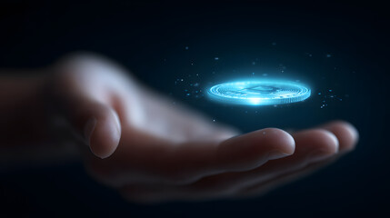 Digital Aura: A single hand delicately cradles a luminous digital disc, glowing with futuristic energy and the promise of innovation. The image highlights the cutting edge technology of future.