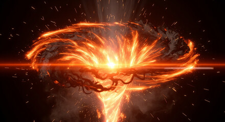 Abstract fiery energy vortex with glowing molten light and explosive motion, symbolizing power, transformation, cosmic force, and dramatic futuristic visual intensity.