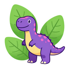 Fototapeta premium Cute Purple Cartoon Dinosaur with Green Leaves.