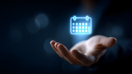 Digital Calendar in Hand: A close-up view presents a person's outstretched hand cradling a luminous, glowing digital calendar icon, conveying themes of scheduling and time management.