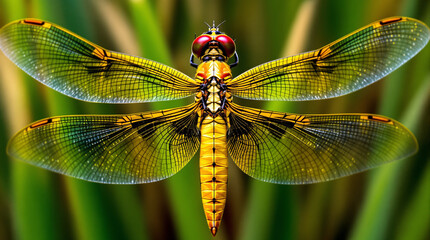 A dazzling golden dragonfly with fiery red eyes a breathtaking marvel of nature s delicate