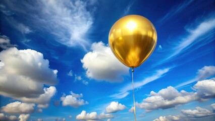 A shiny gold balloon floats in mid-air against a bright blue sky with fluffy white clouds on a sunny day for festive celebrations
