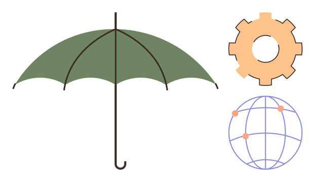 Green umbrella symbolizing protection, orange gear representing mechanism or industry, globe illustrating connectivity or globalization. Ideal for business, teamwork, innovation, security, global - Powered by Adobe