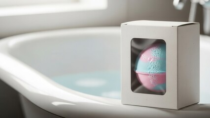 Serene pastel-colored bath bomb with a bubbly texture, presented within a minimalist white cardboard box with a clear window, resting beside a pristine white clawfoot bathtub in a softly lit, spa-like
