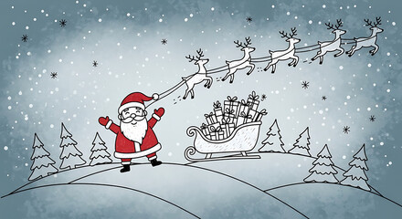 Santa claus and reindeer sleigh in snowy scene on transparent background