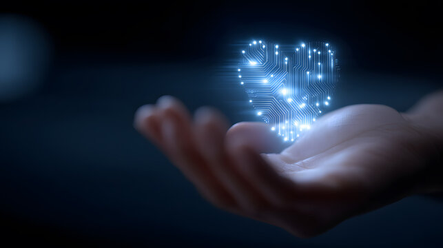 Digital Heart in Hand: A single hand cradles a glowing heart made of interconnected circuits and data streams, symbolizing the fusion of technology and emotion. - Powered by Adobe