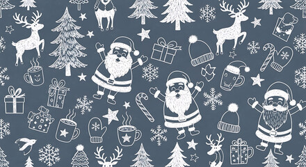 Festive christmas themed pattern with reindeer santa claus and gifts