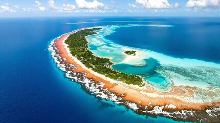 Tropical atoll paradise vibrant red reefs lush green islands and dazzling turquoise lagoons captured