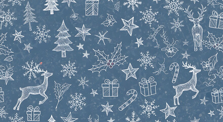 Festive holiday season pattern with reindeer snowflakes and gifts