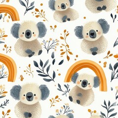 Whimsical cozy pattern of smiling fluffy koalas, orange rainbows and blue and gold leafy sprigs on white background