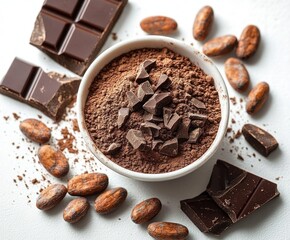 Top-down view of a bowl of cocoa powder topped with chopped chocolate, surrounded by cocoa beans and dark chocolate pieces, evoking rich indulgence and warmth