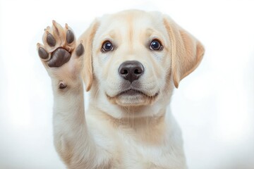 light-colored puppy raising one paw toward the camera showing paw pads and soft fur, playful curious mood on a clean white background