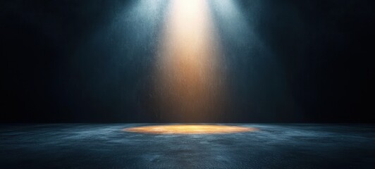 empty dark stage with a single warm spotlight illuminating a wet reflective floor, misty beams and a dramatic, anticipatory mood