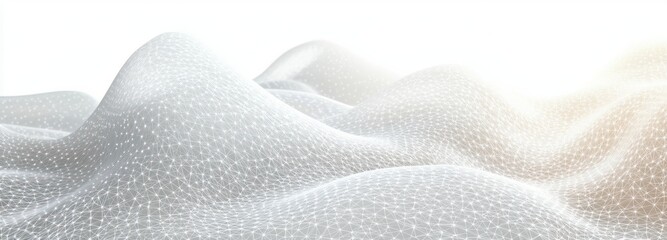 Calm minimal white wireframe landscape of undulating triangular mesh hills with soft glowing light