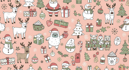 Festive christmas pattern with santa claus reindeer snowman and gifts