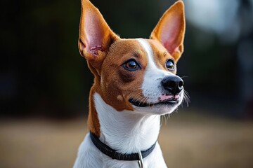 Alert brown and white dog with erect ears and black collar gazing attentively outdoors against a softly blurred natural background