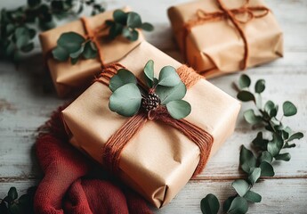 cozy rustic gift wrapping with brown paper packages tied with twine, eucalyptus sprigs and a small pine cone on a white wooden table with a red knitted scarf
