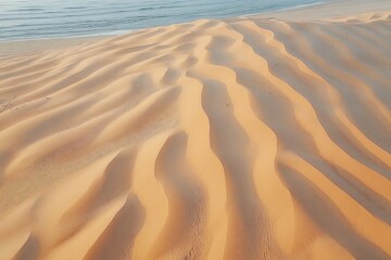 golden sand dunes with rippling patterns meeting calm blue sea, serene and tranquil coastal desert landscape
