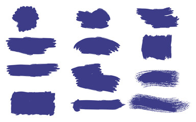 Collection of 12 unique dark blue brush strokes on white background