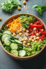 Fresh colorful salad bowl with crisp leafy greens, sliced cucumber rounds, yellow and red bell peppers, chickpeas and sesame seeds, vibrant and appetizing