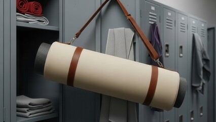 Clean, minimalist canvas and brown leather yoga mat bag with sturdy metal hardware, hanging open inside a modern gray metal locker room with neatly folded towels and rolled exercise gear, illuminated