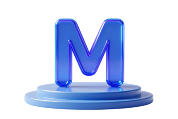 Glossy blue letter M on podium.