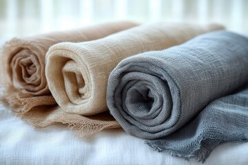 Three rolled lightweight gauze cloths in beige, cream and gray on white surface, soft textured fabric conveying calm, cozy and minimalist mood