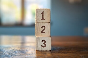 Three stacked wooden blocks numbered 1 2 3 on a wooden table in soft natural light evoking calm order and simple learning