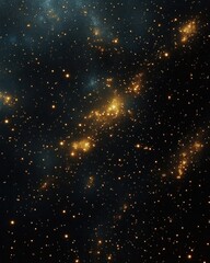 Ethereal cosmic scene of golden star clusters scattered across a dark expanse with faint blue nebula clouds, evoking awe and serene wonder