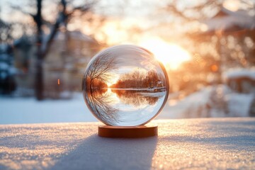 glass sphere on snow reflecting a peaceful winter river and bare trees at golden sunset, warm glowing light and serene quiet mood