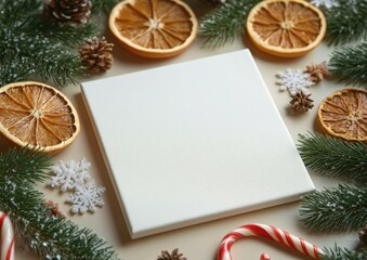 Blank white canvas surrounded by dried orange slices, evergreen sprigs, pine cones, candy cane and snowflake ornaments conveying a cozy festive holiday crafting mood