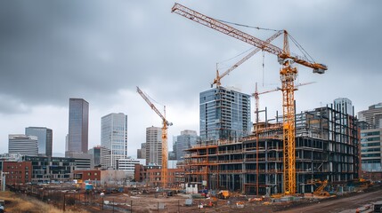Construction Cranes and City Skyline Under Cloudy Sky.