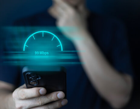 mobile speed test internet connection bandwidth network technology, Man using Internet high speed by smartphone 5G quality, speed optimization - Powered by Adobe