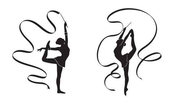 Rhythmic Gymnasts Silhouettes with Ribbons. Sport, Dance, Flexibility